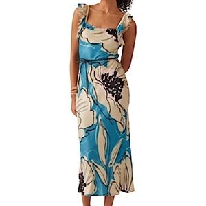 Anthropologie Conditioned Apply Blue Cream Floral Ruffle Sleeveless Midi Dress